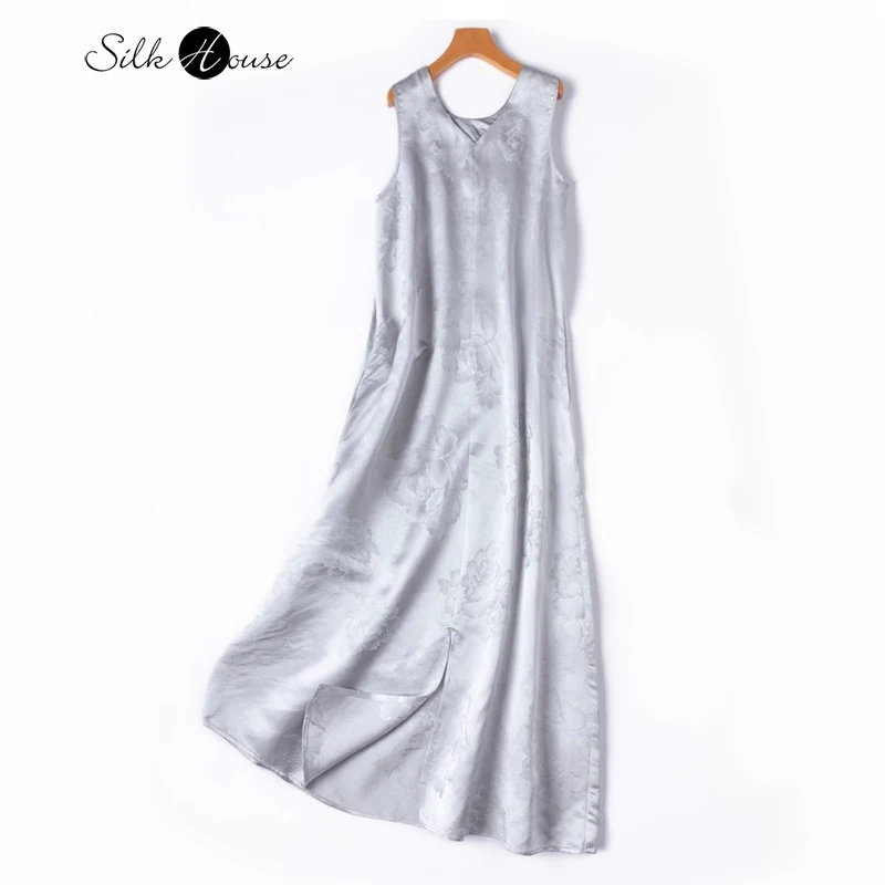 

Wear Both Front/Back Silver Gray 35MM Heavyweight 100% Natural Mulberry Silk Jacquard Satin Round Neck V-neck Split Vest Dress