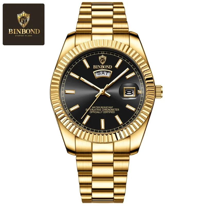 

BINBOND брендовые роскошные модные деловые кварцевые часы мужские водонепроницаемые светящиеся наручные часы с датой и неделей мужские часы из нержавеющей стали мужские
