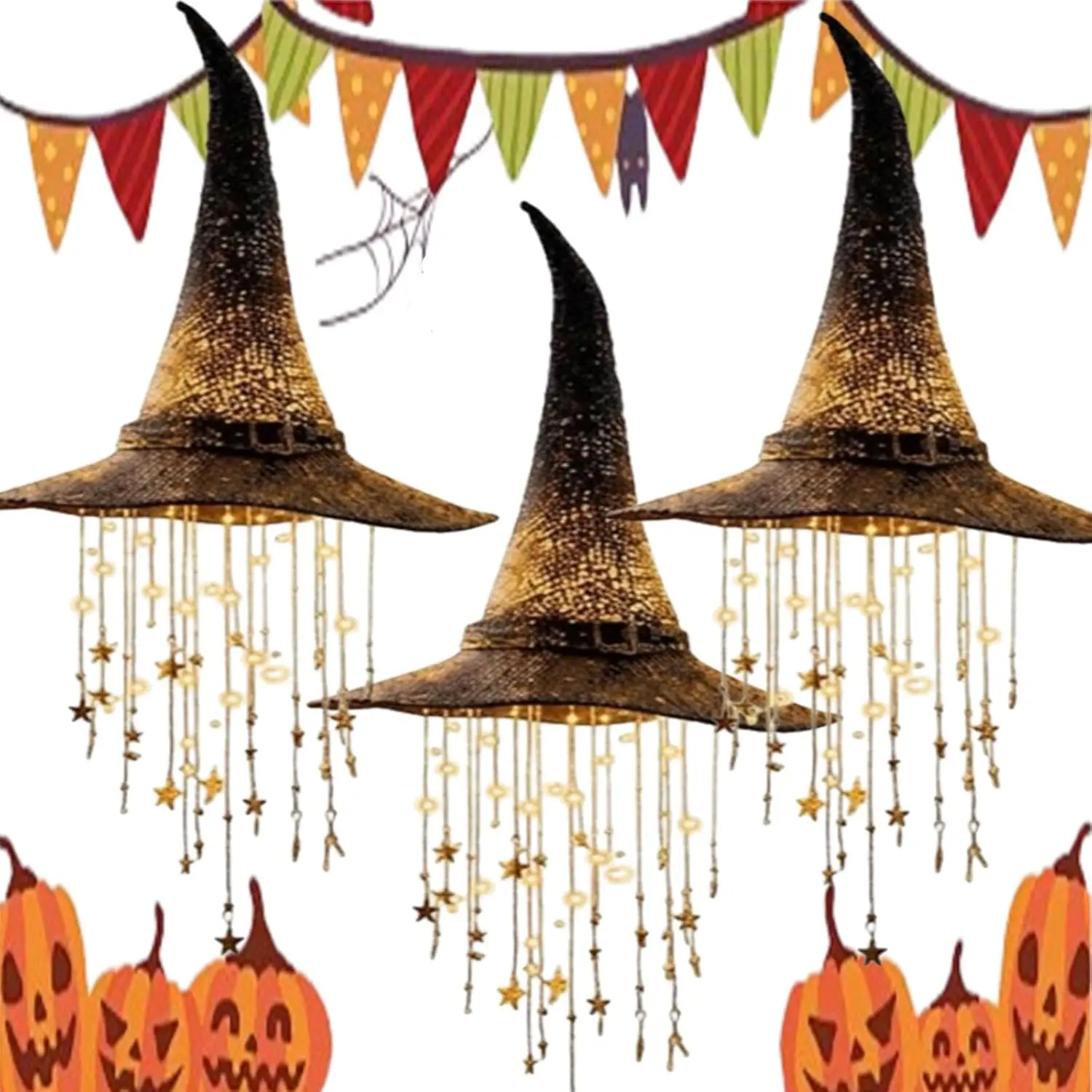 Lighted Witches Hats Hanging Lighted Witch Hats Magical Star Garland Halloween Decor Witch