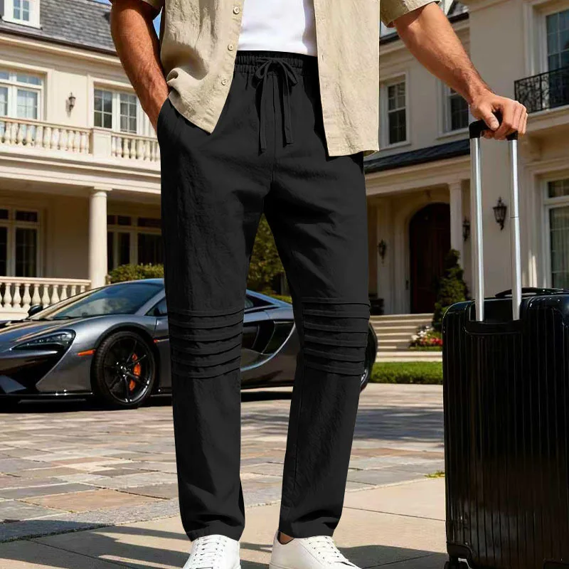 

Осенний новый продукт, свободные льняные повседневные трендовые плиссированные простые домашние мужские дышащие прямые брюки