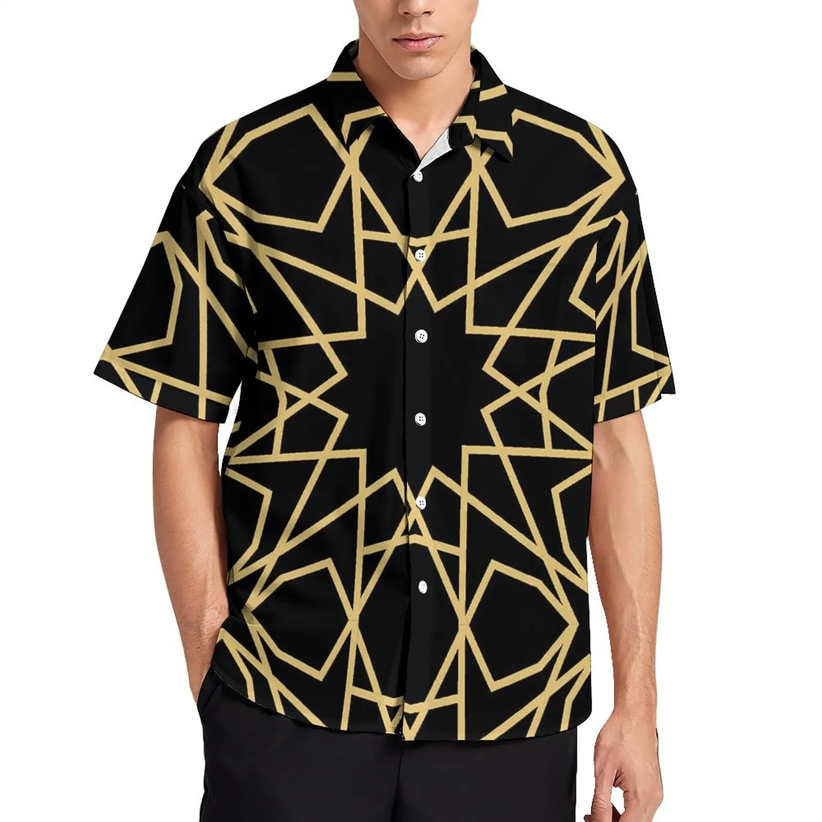 

Vintage Geometric Vacation Shirt Mens Gold Lines Print Vintage Casual Shirts Summer Short Sleeve Fashion Design Oversize Blouses