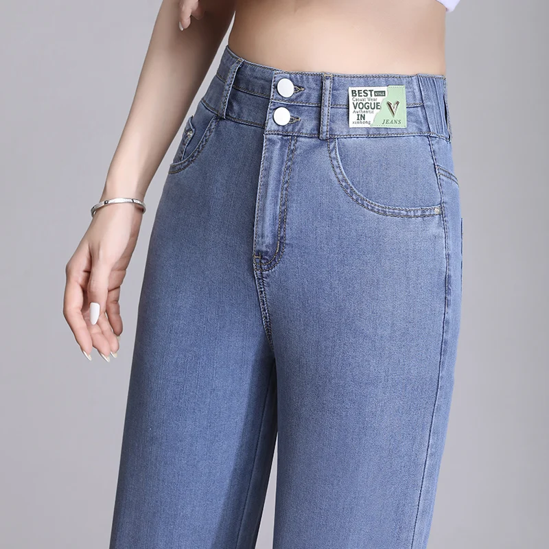 ZUZK Women Summer Cool Thin Jeans Fashion Loose Droop Elastic Waist Denim Long Pants Casual Wide Leg Pants S-4XL