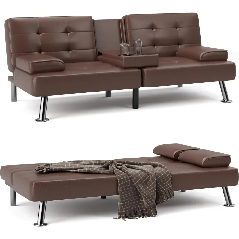 Sofa Bed Sleeper Couch Metal Legs Sofa Cup Holders for Living Room Leather Upholstered Loveseat W/Removable Armrests