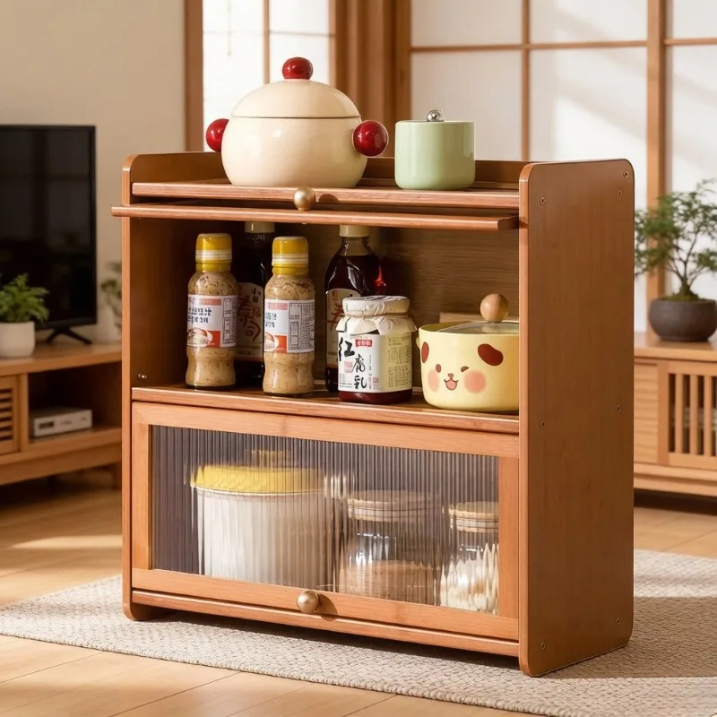 

Japanese-Style Solid Wood Side Cabinet, Dining Kitchen Storage Rack for Tabletop & Coffee Table