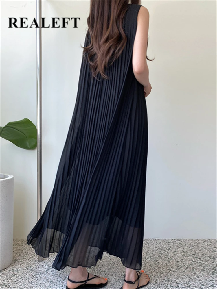 

REALEFT Summer Chiffon Women Long Pleated Dresses Sashes Sleeveless High Waist New 2023 Casual Loose Bohemian Tank Dress Female