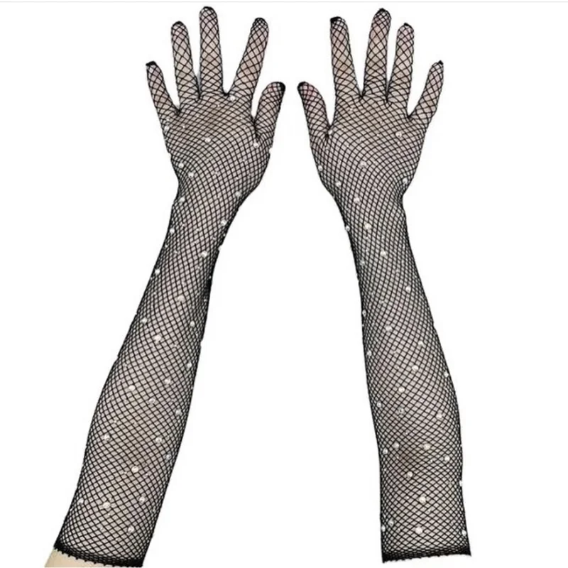 Embellished Rhinestones Gothic Long Mesh Glove Women Party Stage Sexy Crystal Full Finger Stretchy Over Length Fishnet Gloves