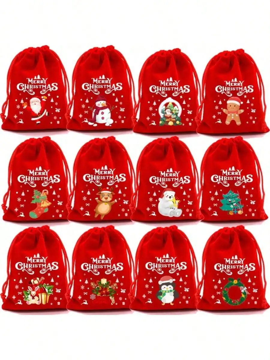 10pcs Large Christmas Velvet Drawstring Gift Bags, 12 Xmas/Halloween Random Patterns