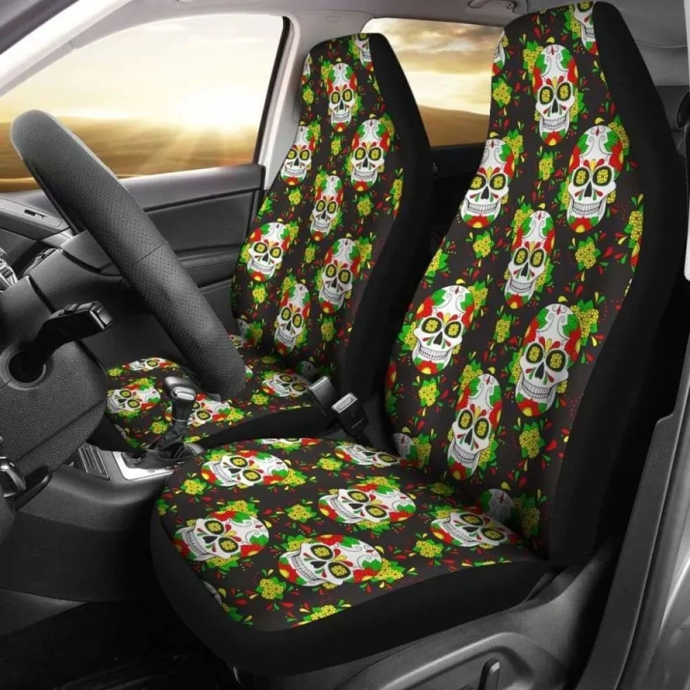 Set Of 2 Floral Sugar Skull Day Of The Dead Car Seat Covers,Pack of 2 Universal Front Seat Protective Cover