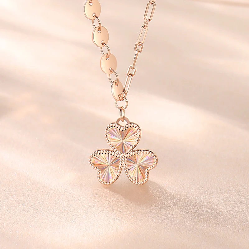 Sparkling Three Love Heart Leaf Clover Necklace 925 Silver Colorful CNC Cut Niche Delicate Choker Jewelry Accessories For Women