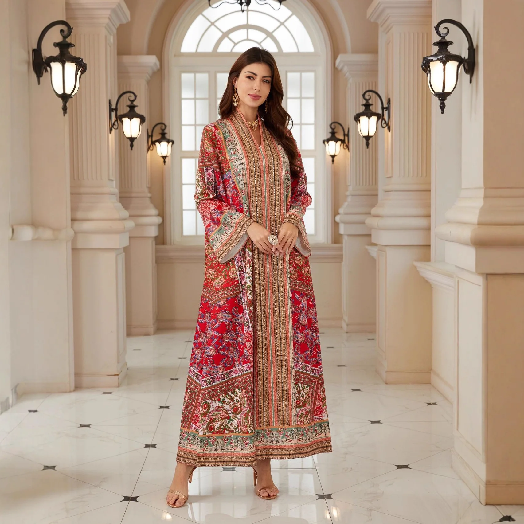 Turkey Muslim 2026 New Fashion Women Red V-neck Long Sleeve Ankle Length Elegant Casual Loose Fit Abaya Dresses Female Jalabiya 2