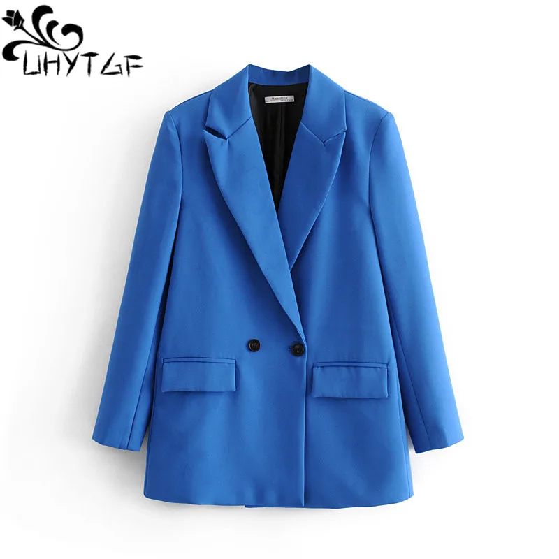 

UHYTGF 17 Color Wholesale Spring Autumn Jacket Women's Fashion Lapel Double Breasted Blazers Female Elegant Tops Outerwear 262