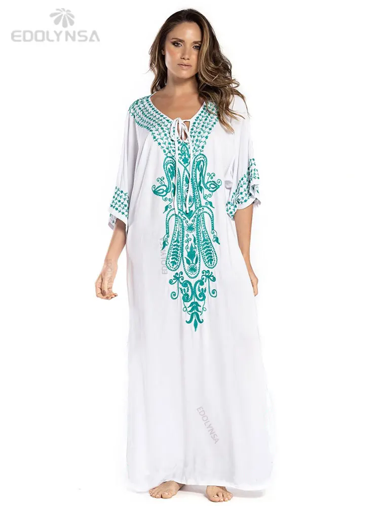 2023 Indie Folk Lace Up V-Neck Batwing Sleeve Summer Beach Dress  Tunic Women Beachwear kaftan Maxi Dress Robe Sarong Q775