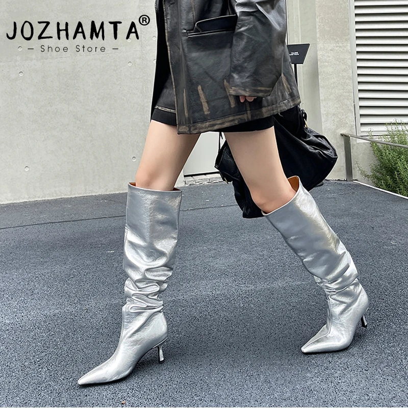 

JOZHAMTA Size 34-39 Women Knee Boots Ruched Soft Leather Wide Calf Thin High Heels Shoes Winter Pointy Office Long Tall Boots