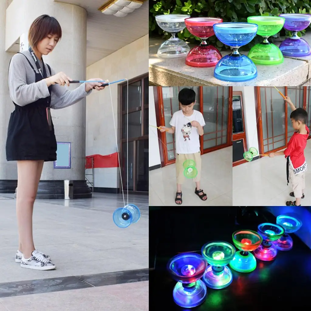 Triple Bearing LED Medium Chinese Diabolo Toy with Carbon Sticks, 5 Colors for