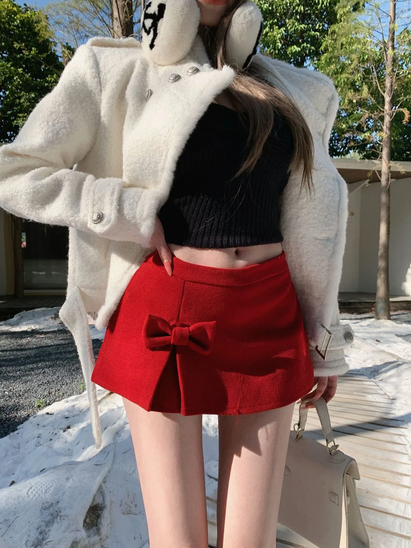 

Spring 2026 Women's High Waist A-Line Skirt with Bow Design Slimming Woolen Skirt Korean Sle Casual Wear Daily Use