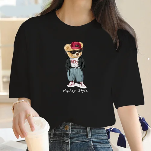 Camiseta con estampado de oso de hip hop para mujer, ropa con estampado de dibujos animados Y2K, camiseta gráfica de moda, camiseta estampada para mujer 2024