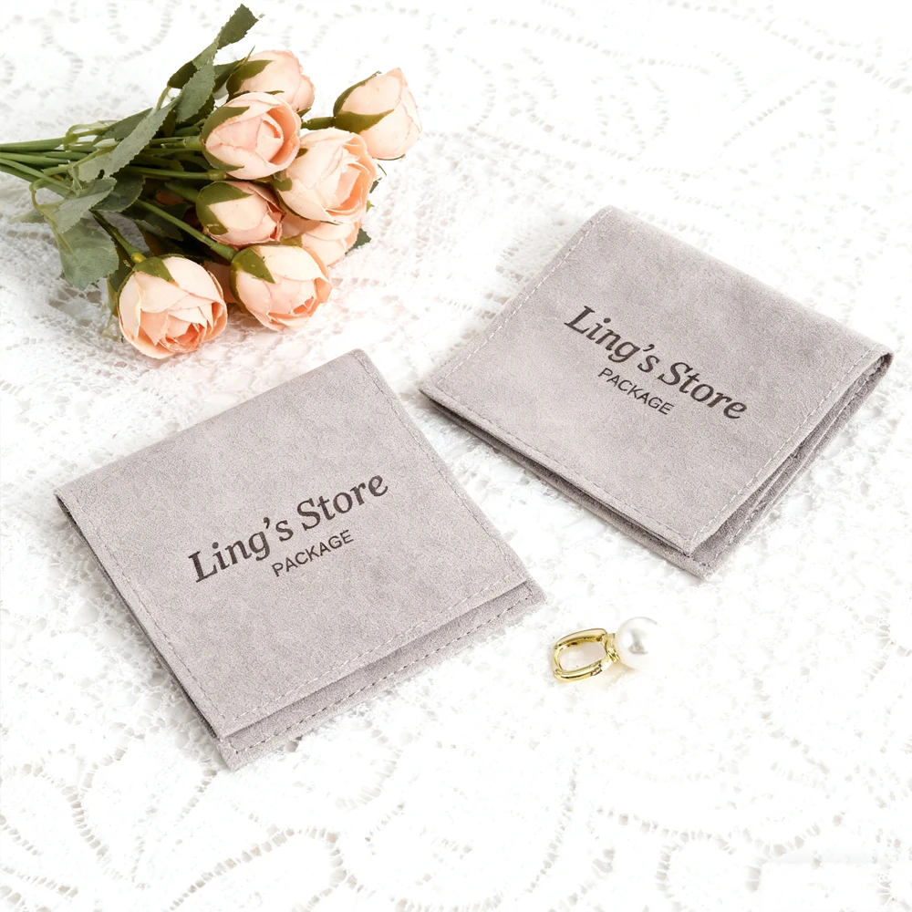 

50pcs Custom Logo Grey Jewelry Envelope Bag Microfiber Suede Eyelash Lipstick Headset Earrings Bracelet Pendant Organizer Pouch