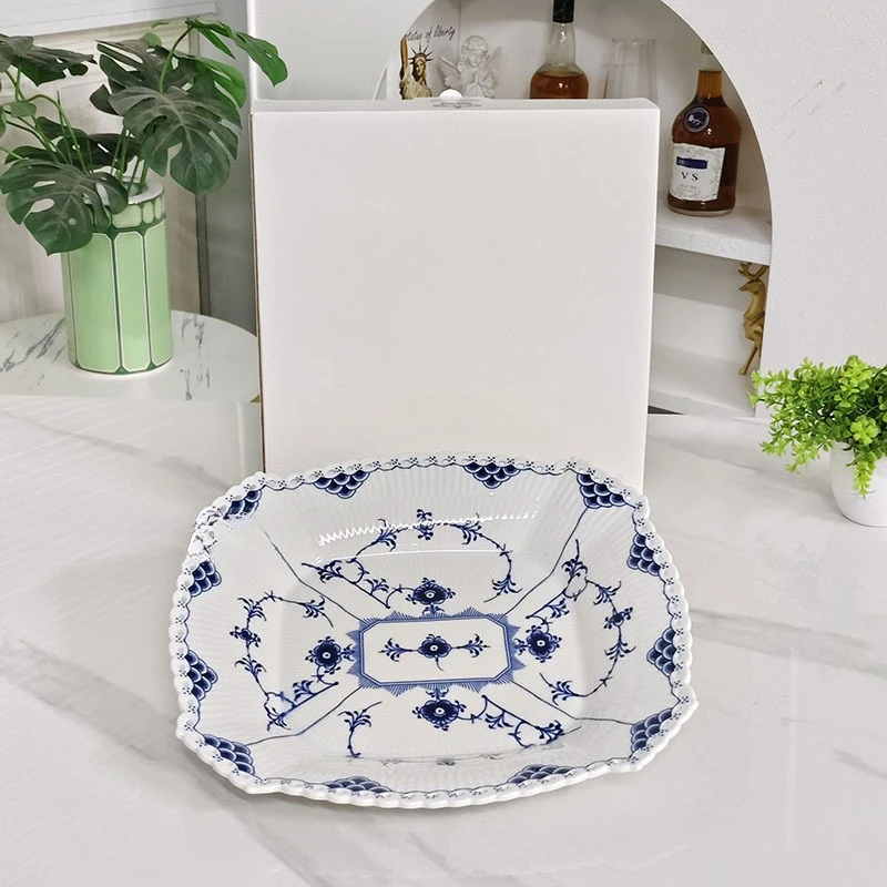 Rectangle bone porcelain plate, relief Tang grass blue and white dessert salad plate, household fruit plate
