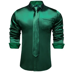 Satin Solid Men Shirts Long Sleeve Green Yellow Purple Blue Wedding Prom Slim Fit Dress Shirt with Necktie Handkerchief