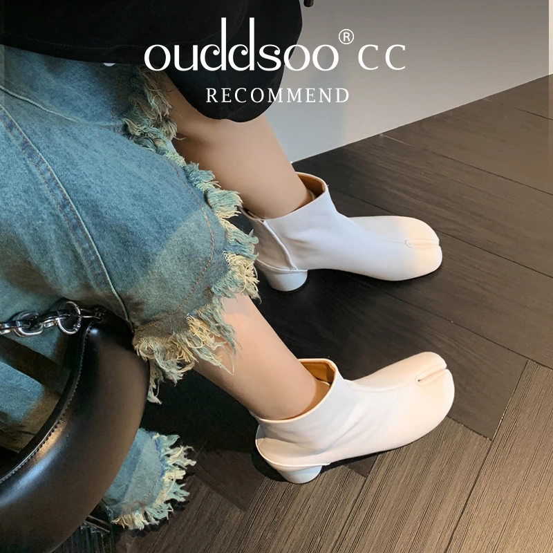 Ods Brand Design Split Toe Genuine Leather Women Chunky Round High Heels Women Boots Winter Tabi Shoes Short Boots Silver White