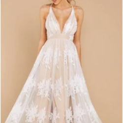 Spring Summer Bridal Wedding Dress Women's Lace Mesh Applique Dress Women's Sexy V-neck Spaghetti Strap Party Formal Dress