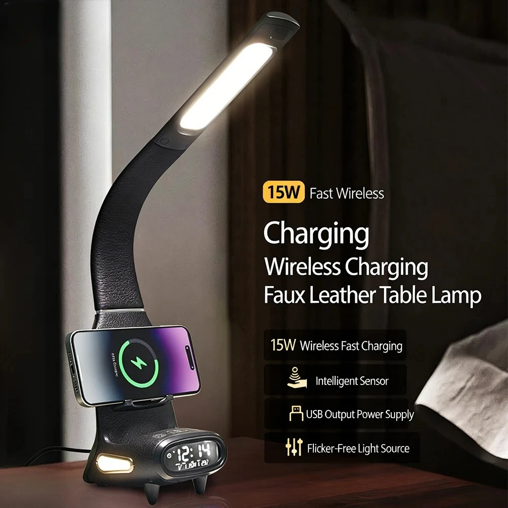 Eye-Care Reading Desk Lamp with Soft Night Light 15W Wireless Fast Charging 5-colour Temperature Inductive Dimming Desk Lamp