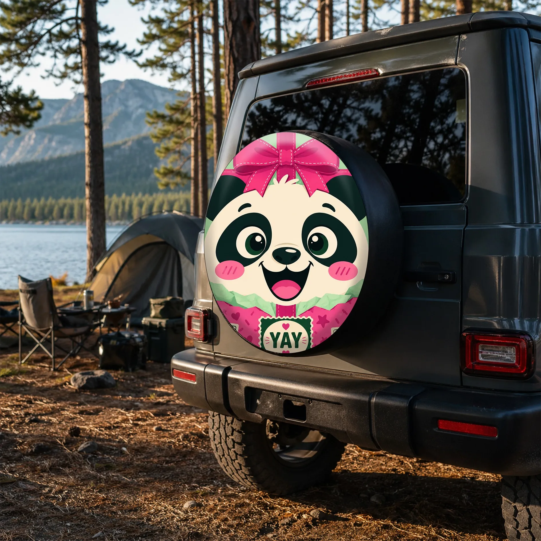 1pc Cute Cartoon Panda Style Printed Pattern Car Tire Cover, Stylish Universal Wheel Hub Protector, With Spare Tire Protection F