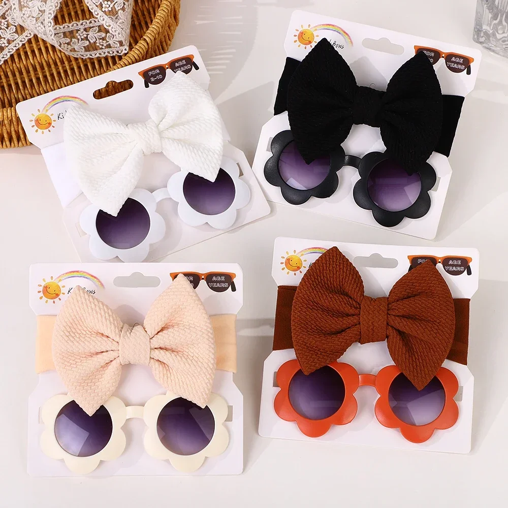 2 Pcs/Set New Children Solid Color Cotton Bowknot Wide Hairband Round Sunglasses Set Baby Girls Sunglasses Kids Hair Accessories