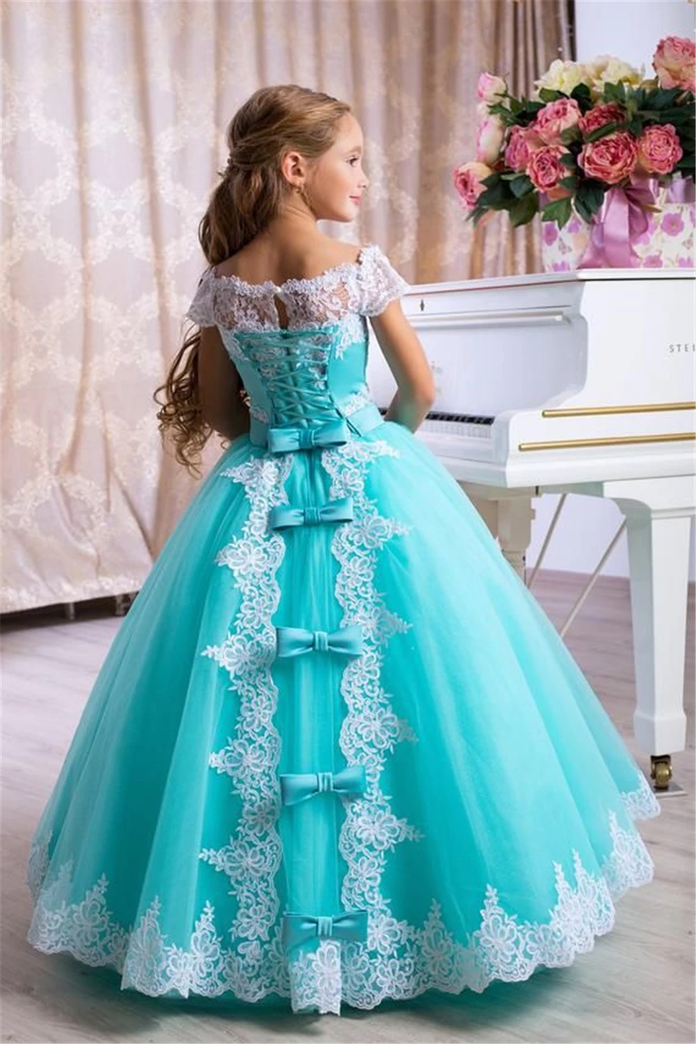 Elegant Green Flower Girl Dress Tulle Lace Printing Princess Ball First Communion Gowns Kids Birthday Party Ball Evening Dresses