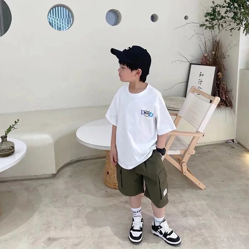 T-shirt Summer Casual Boy Popular Ins Children's Clothing Simple Round Neck Five-point Sleeve Temperament New Straight Type