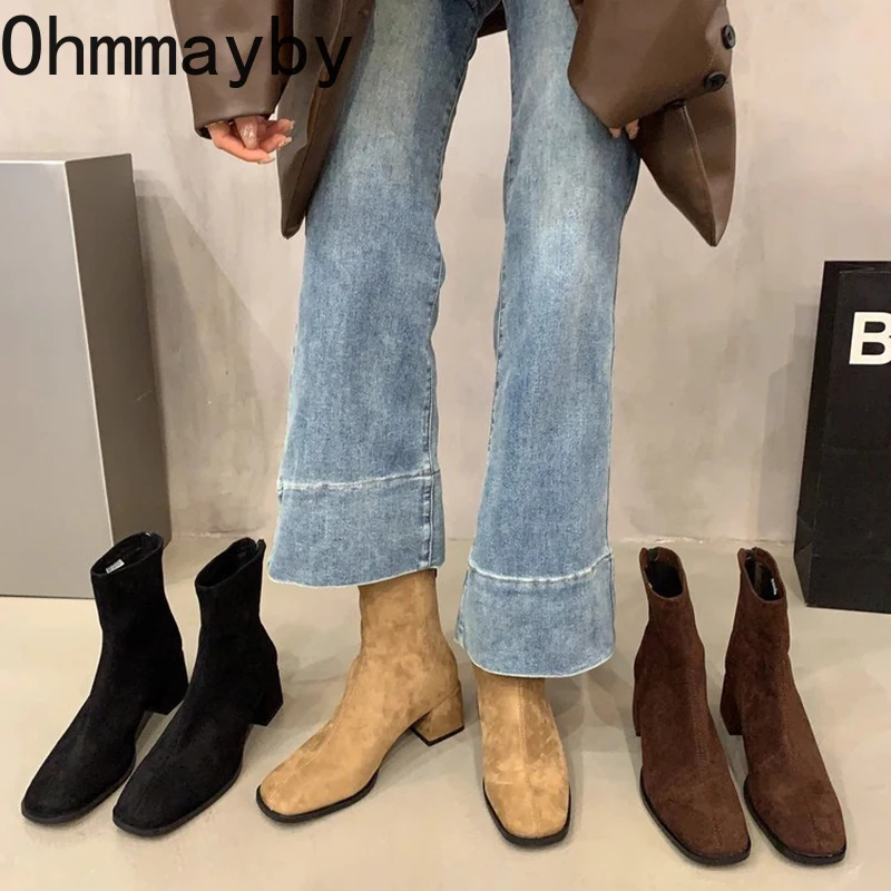 Stivaletti Slim da donna Vintage moda eleganti scarpe con punta quadrata stivaletti corti da donna con tacco alto autunnale