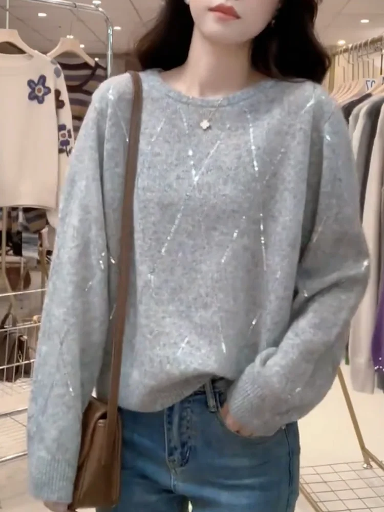 

Модный свитер с круглым вырезом в стиле Heavy-Look, больших размеров, стройнящий, универсальный топ для осеннего сезона, французский стиль, с длинными рукавами