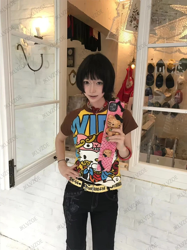 2025 Summer New Cute Cartoon Sanrio HelloKitty Anime Print T-shirt For Women Short Sleeve o-neck Tees High Street Gothic Y2K Top image 6