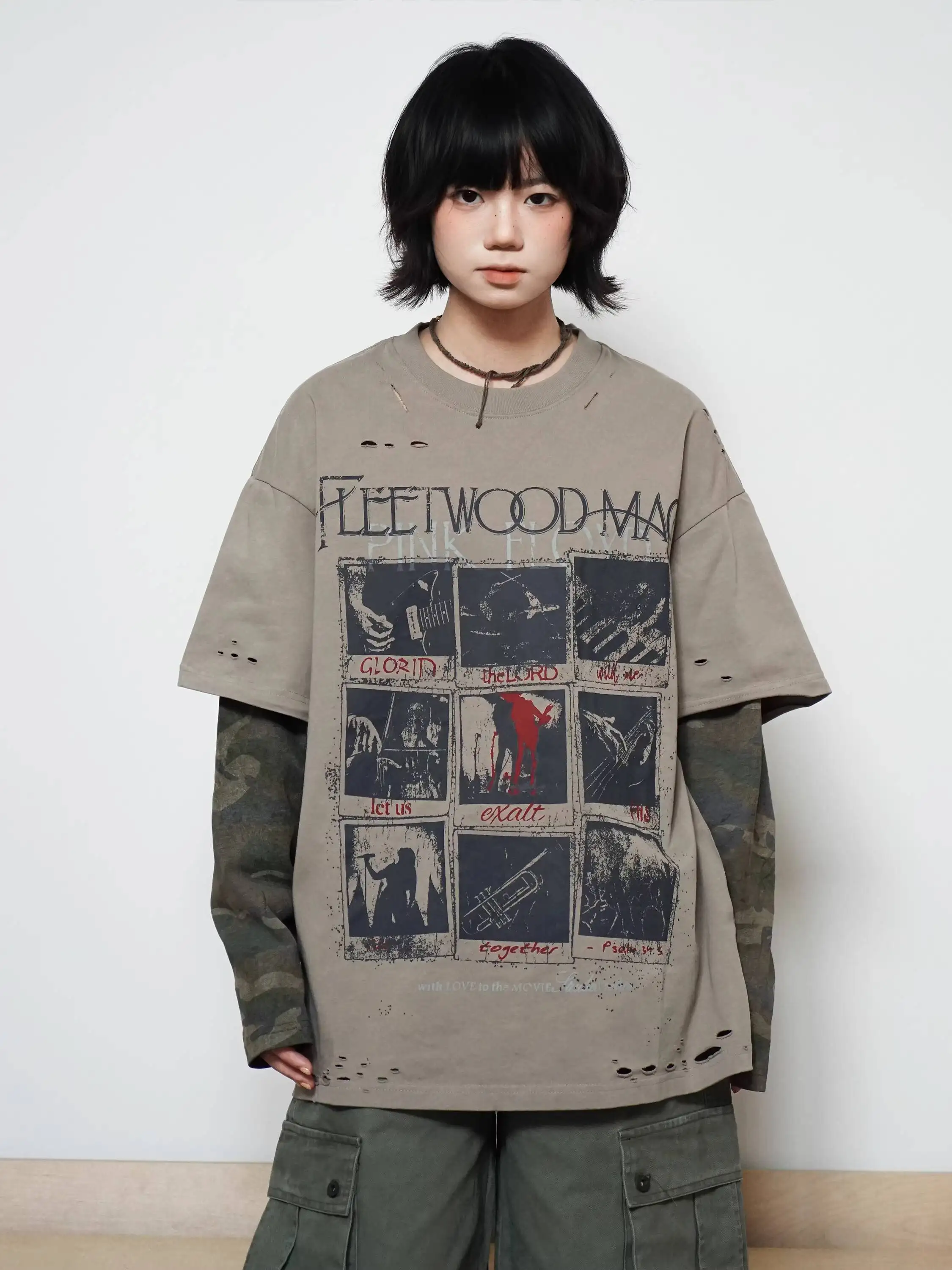 

Unsiex Long Sleeve T-shirt 2026 Spring Unisex Vintage Camo Patchwork Two Piece Fake Long Sleeve Tshirts Loose Casual Couple Top