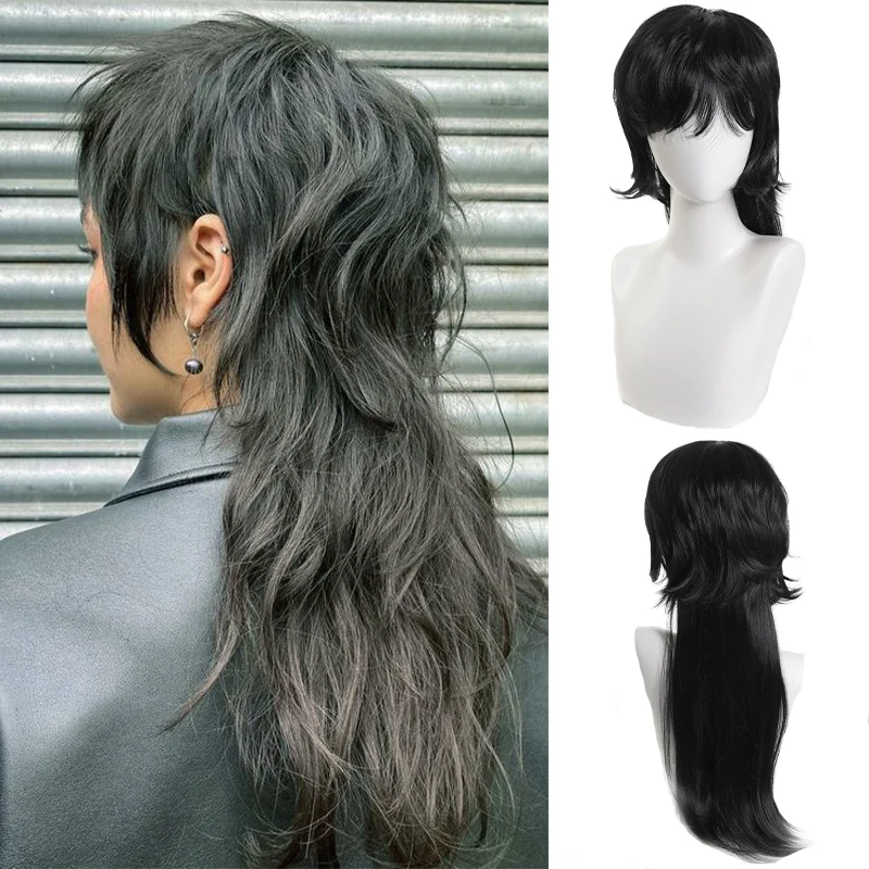 Wolf Tail Mullet Fish Head Wig, Anime preto, sintético, adequado para meninos e meninas, perfeito para Halloween e Natal