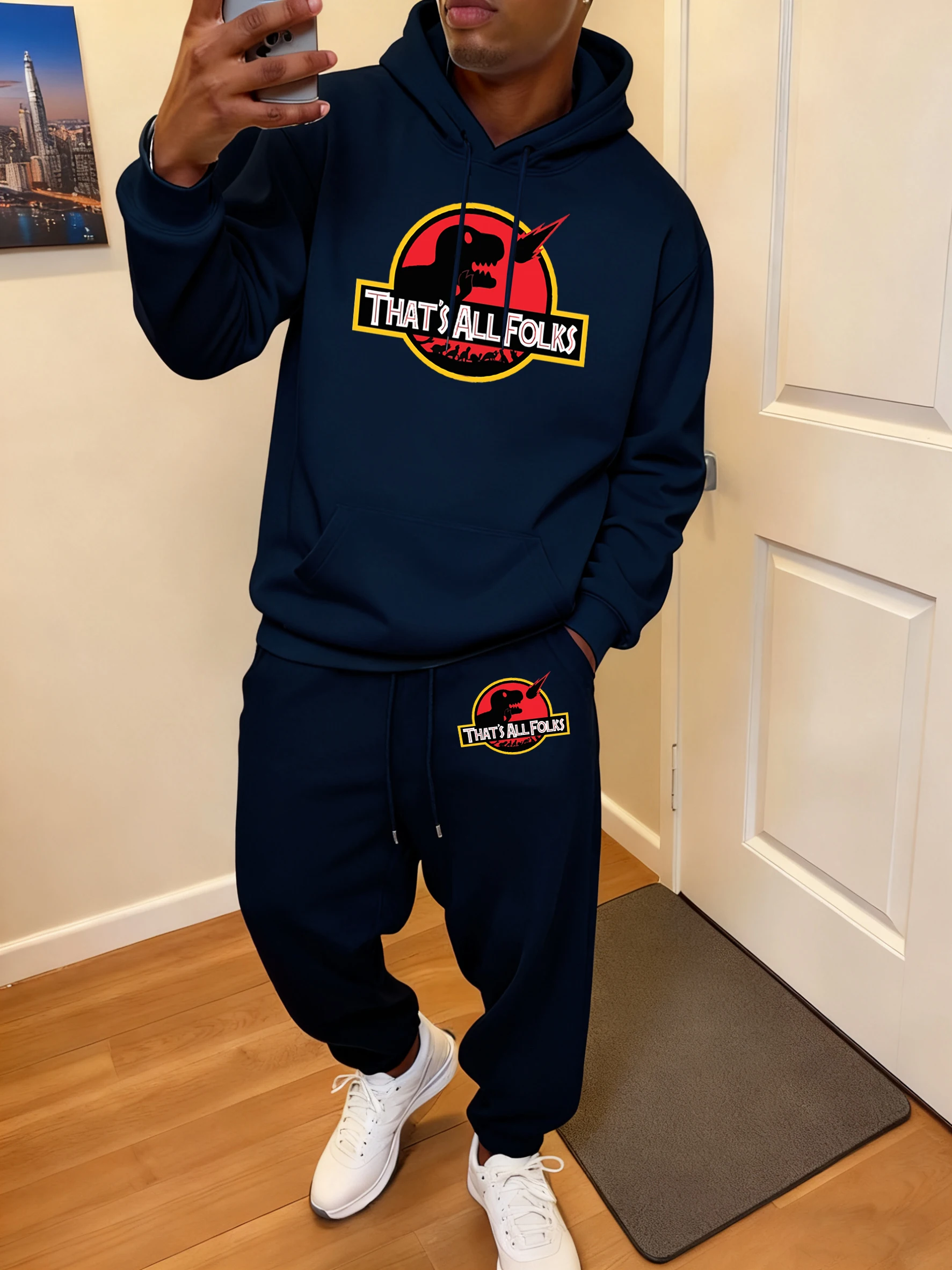 

Dinosaur That'S All Folks Pattern Hoody Suit Of Men Fashion Pocket Sweatpants Fleece Autumn Tracksuit All-Match Jogging Sets