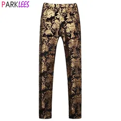 Mens Luxury Gold Stamping  Floral Dress Pants Casual Flat Front Expandable Waist Trousers Men Party Wedding Prom Pantalon Homme