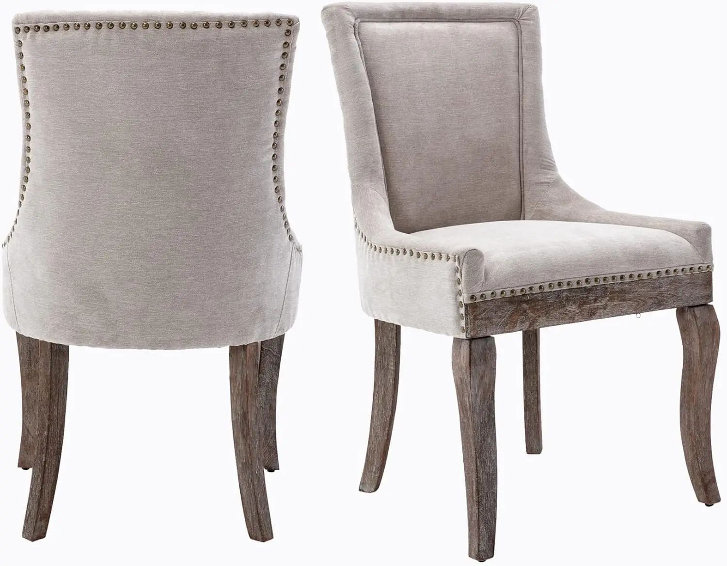 Fabric Upholstered Side Chairs Set of 2 Solid Wood Kitchen Dining Room Chairs with Nailheads Legs (Fabric Beige)