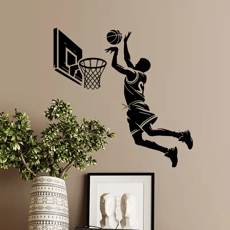 1pc Basketball Player Silhouette PVC Wall Sticker, Pure Black Minimalist Silhouette Depicting a Player in Number 2 Jersey Jumpin