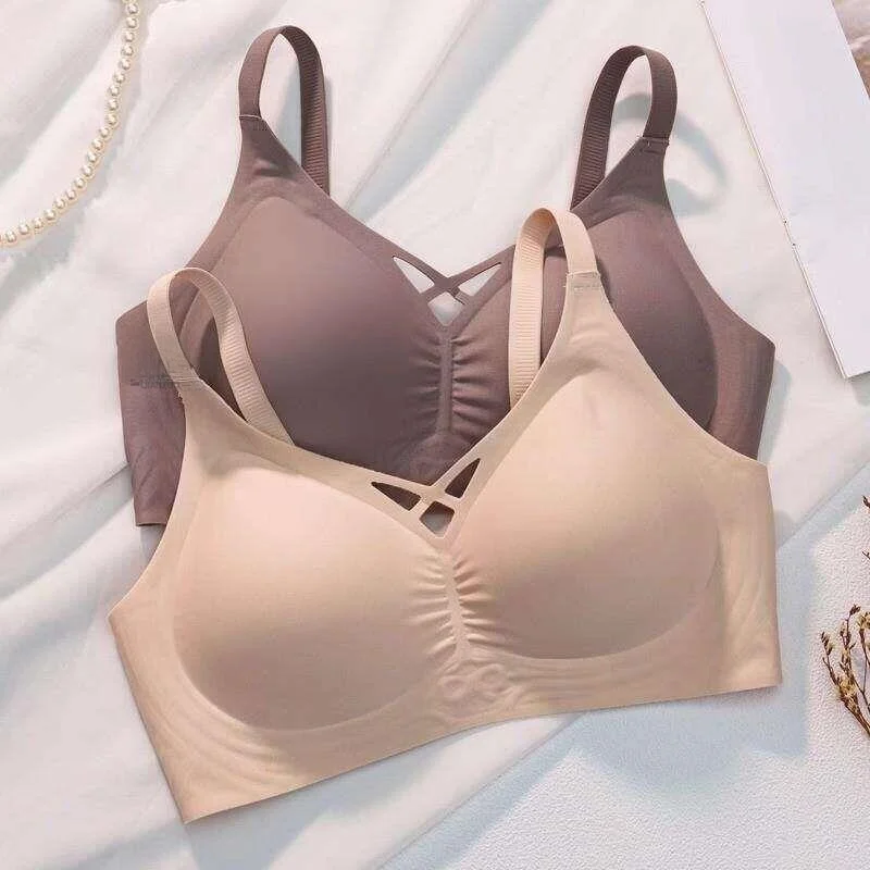 Sujetador inalámbrico para mujer, sin costuras, ajustable, anti-caída, ropa interior de verano, sujetador push-up de copa fija sin aro de acero, con tirantes en U.