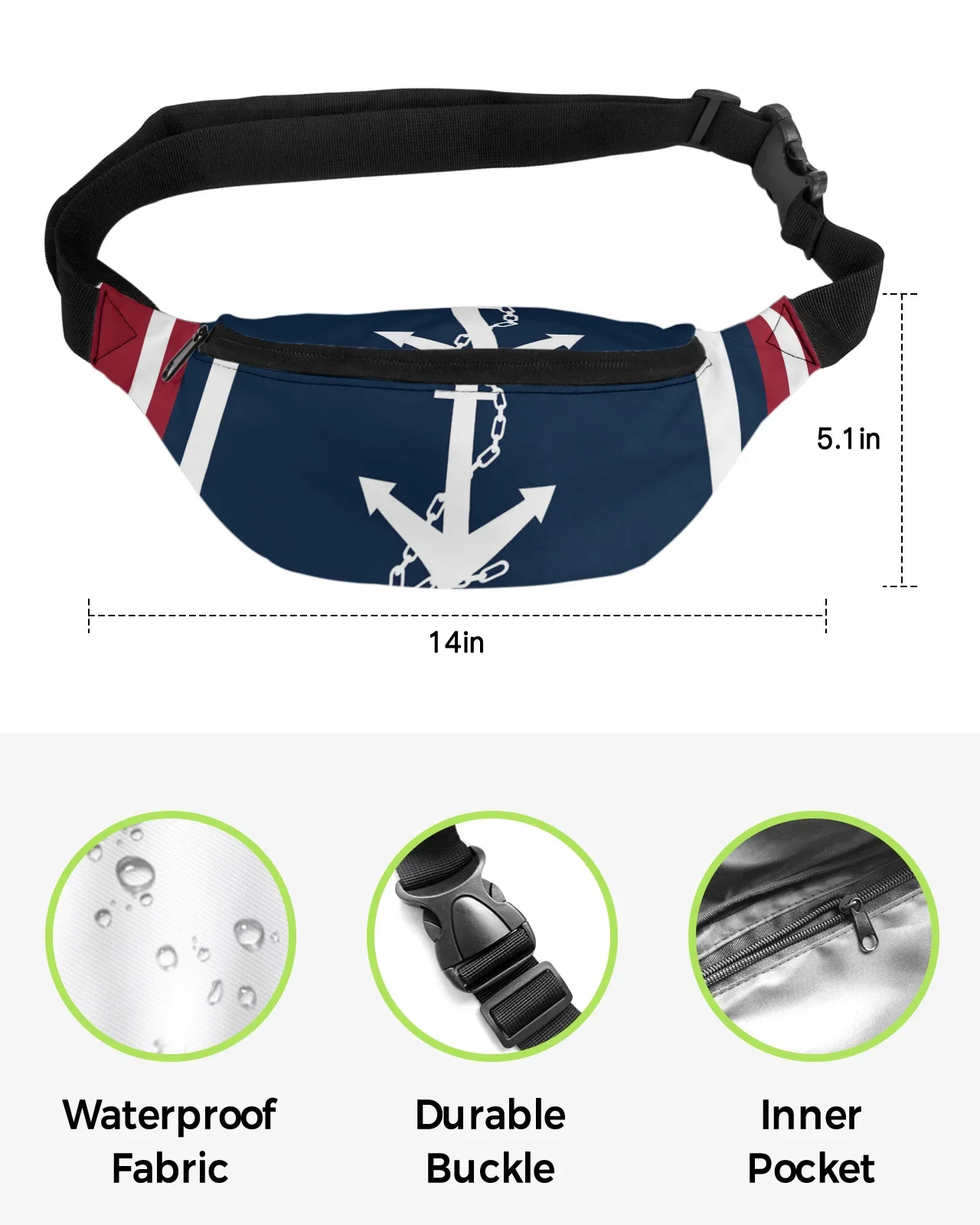 Vertical Blue Red Stripe White Anchor Men Women Waist Bag Fanny Pack Phone Belt Bag Wallet Pouch Waterproof Banana Hip Bags