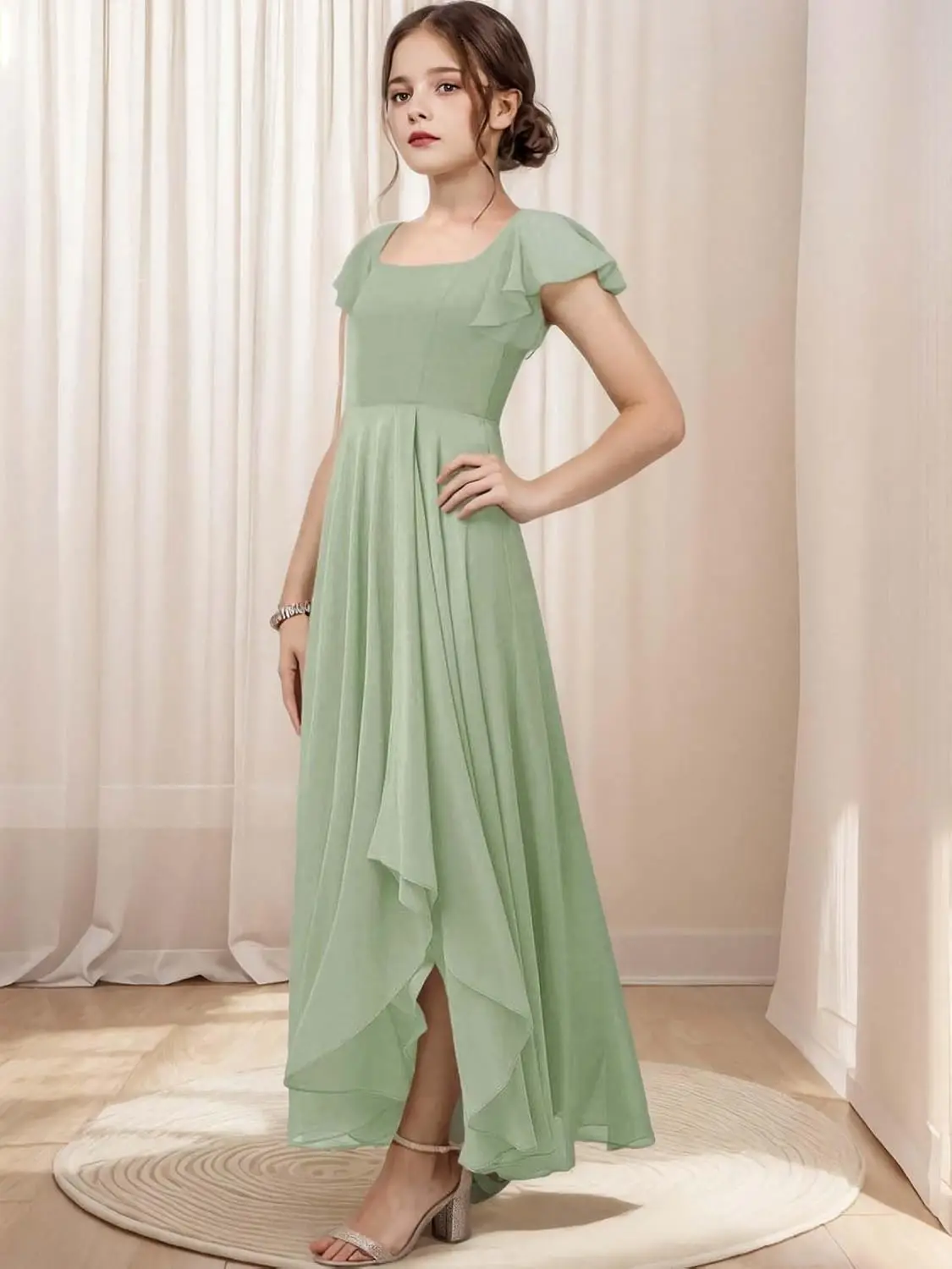 주니어 신부 들러리 A라인 드레스 슬릿 짧은 소매 스퀘어 넥 시폰 플라워 걸 파티 드레스 소녀용