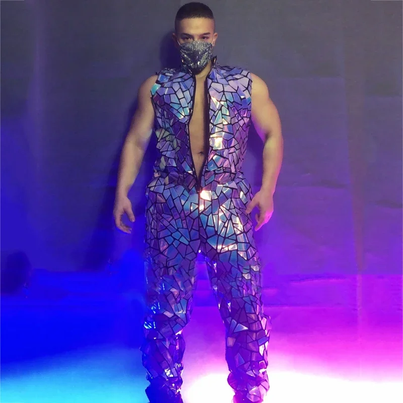 سيمفوني المرايا بذلة مثير القطب ملابس الرقص بار ملهى ليلي حفلة الرجال عدسة وزرة جوجو أزياء رقص الهذيان الزي XS2362