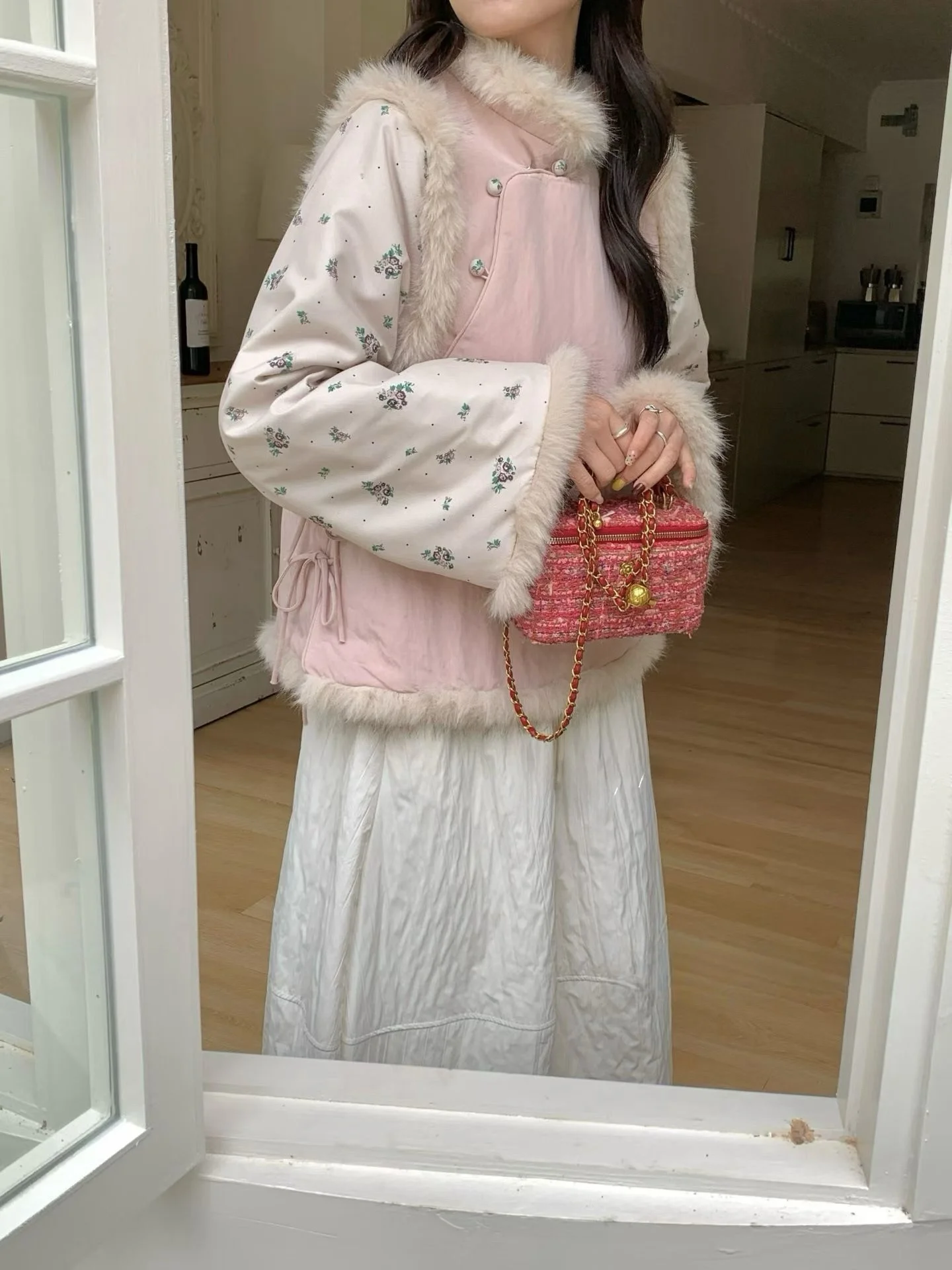 

plus Size Flag Robe Cotton Blend Pink Rabbit Fur Trim Wedding Engagement New Year Big Code Chinese Sle Top Women's Faion