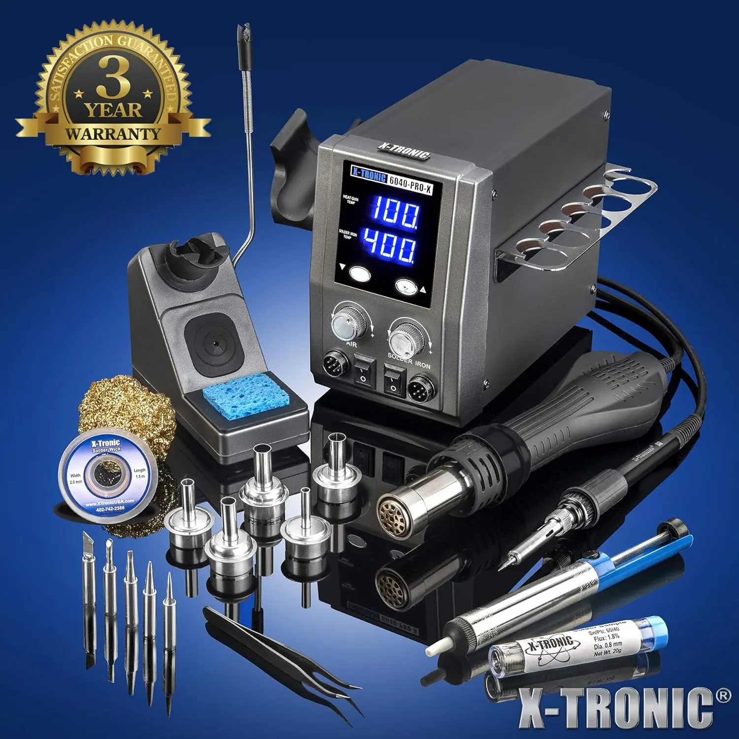 6040-PRO-X Platinum Series • 700 Watt Hot Air Rework Soldering Iron Station  Digital Temp Controls, C/F Func, 0-30