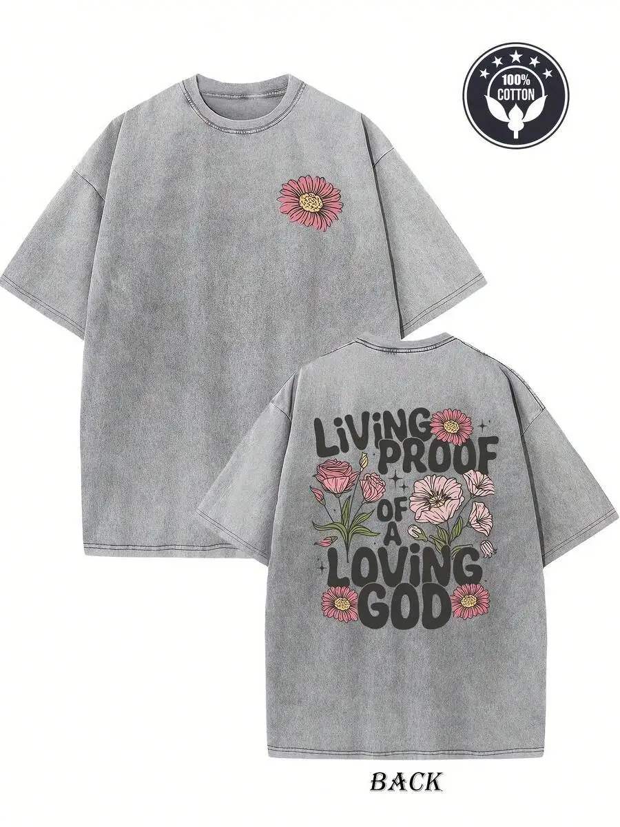 Vintage Creative Pattern Washed T-Shirt 'Living Proof Of A Loving God' Double-Sided Print T-Shirt
