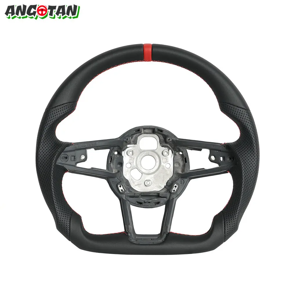 

For Audi R8 TT TTS TTRS 2016-2024 Black Smooth Leather Steering Wheel Perforated Leather Flat Bottom Steering Wheel D-Shape