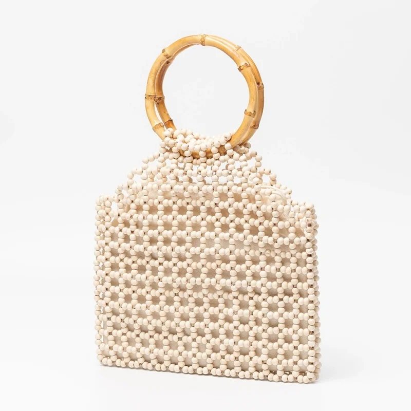 

Bohemian Handmade Wood Beaded Tote Bag with Bamboo Handle Hollow Out Woven Summer Beach Handbag for Women Vacation Casual Bolso