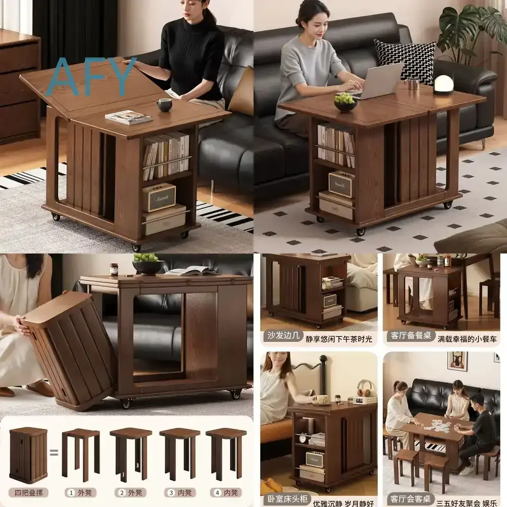 Foldable Wooden Coffee Table for Sofa Living Room Side Table Stool Stackable Ottoman Footrest Mobile Trolley Multi Functional