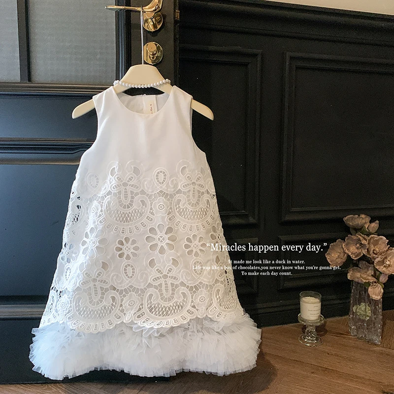 Girls' New Summer Sweet Hollow Flower Lace Super Cute Vest Princess Dress